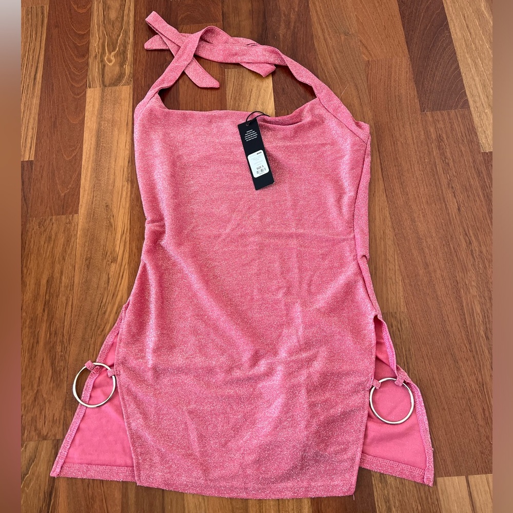 Pink Halter Dress with Ring Accents